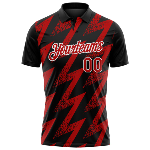 Custom Black Red-White Geometric Zigzag Shape Lightning Performance Polo Shirt