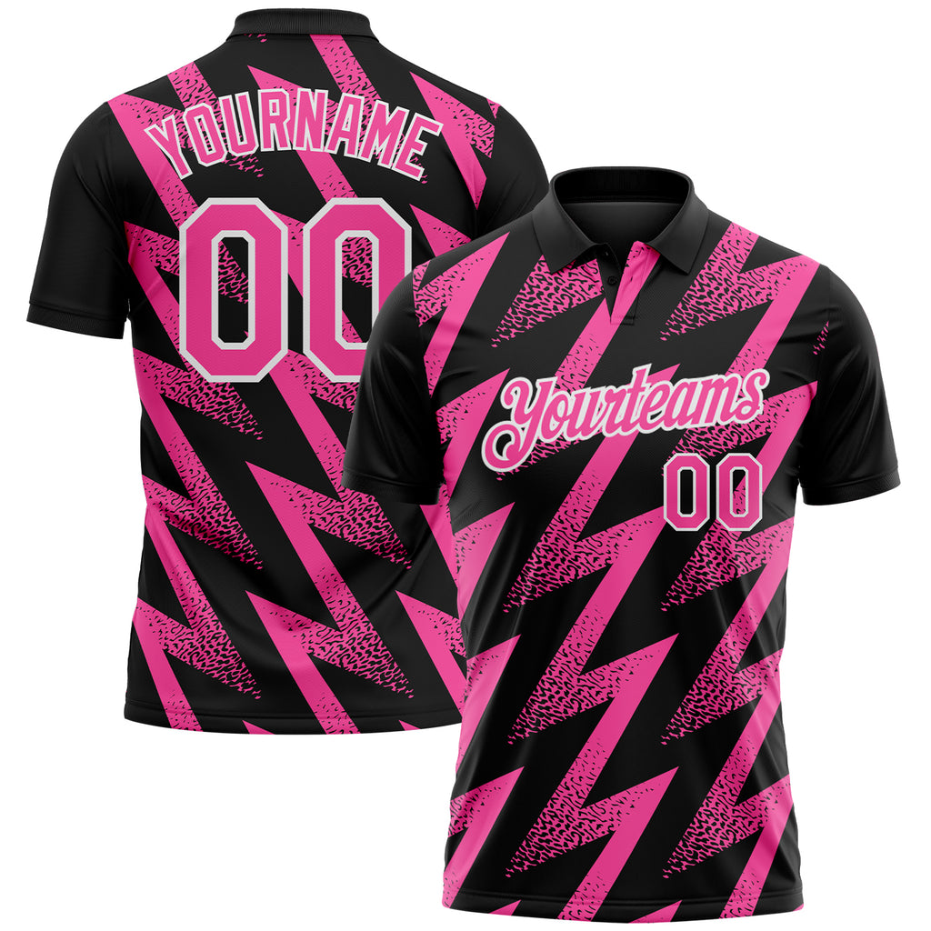 Custom Black Pink-White Geometric Zigzag Shape Lightning Performance Polo Shirt