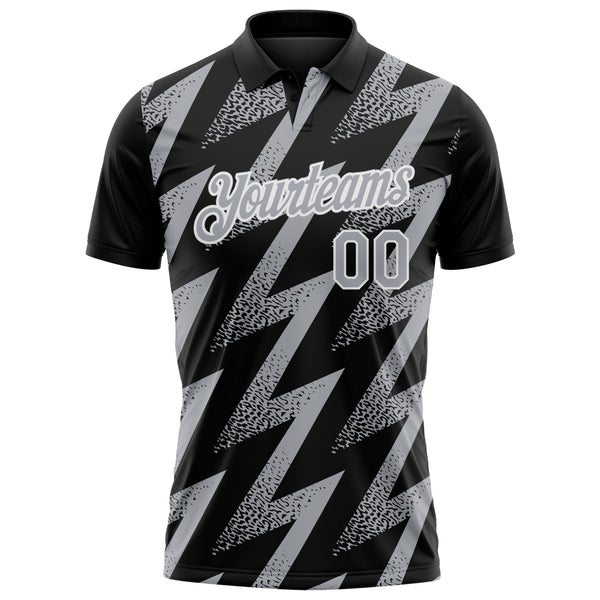 Custom Black Gray-White Geometric Zigzag Shape Lightning Performance Polo Shirt
