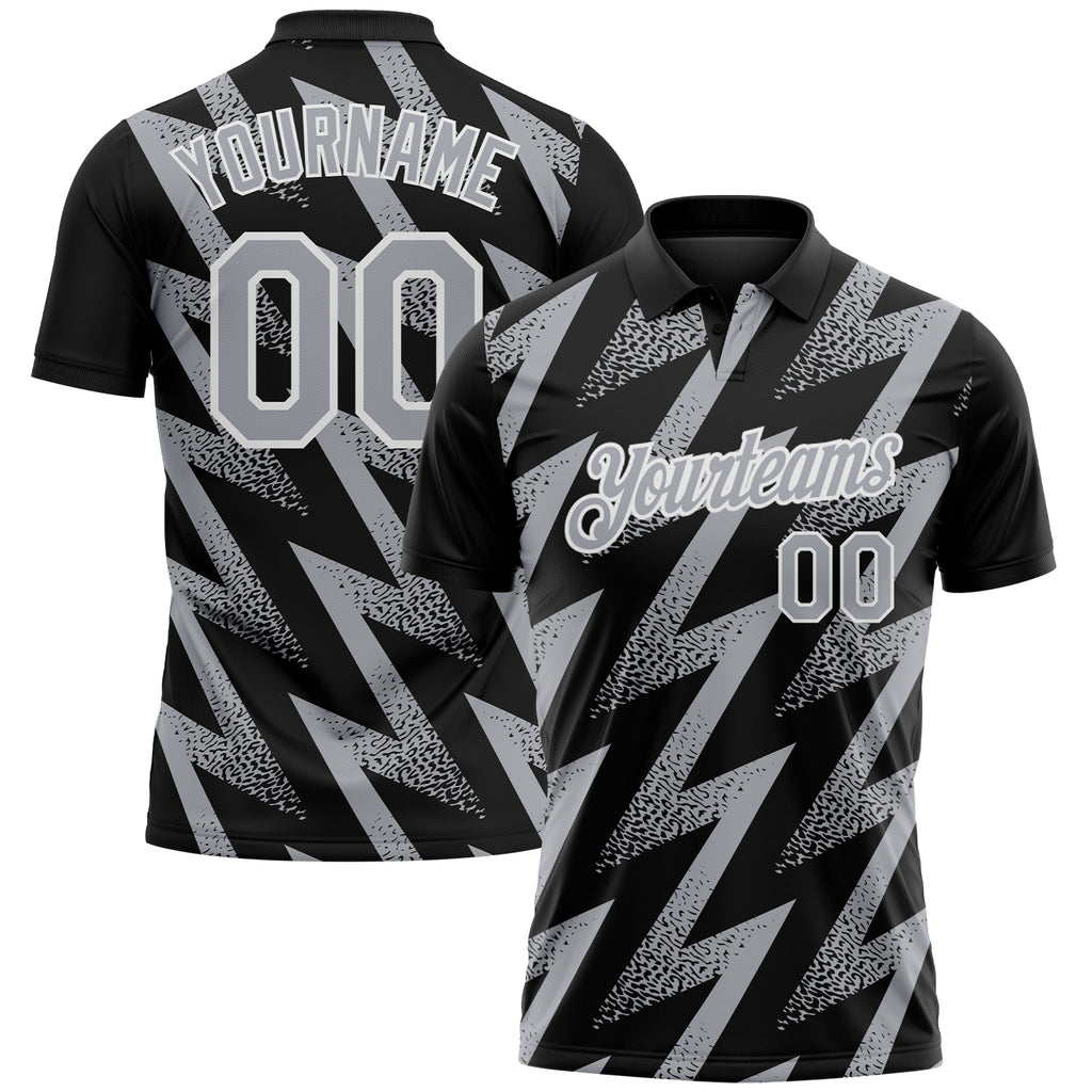 Custom Black Gray-White Geometric Zigzag Shape Lightning Performance Polo Shirt