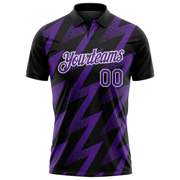 Custom Black Purple-White Geometric Zigzag Shape Lightning Performance Polo Shirt