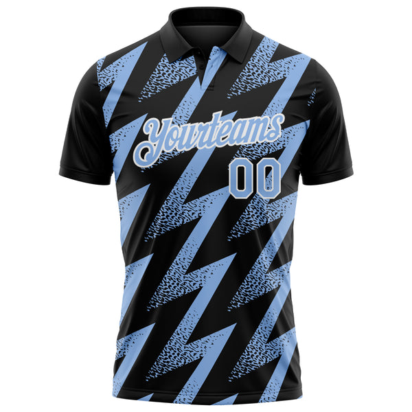 Custom Black Light Blue-White Geometric Zigzag Shape Lightning Performance Polo Shirt