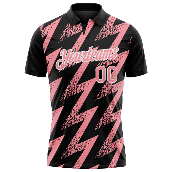 Custom Black Medium Pink-White Geometric Zigzag Shape Lightning Performance Polo Shirt