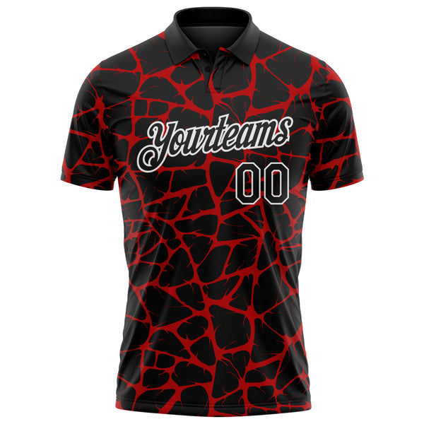 Custom Black Red-White 3D Pattern Abstract Network Crackle Performance Polo Shirt