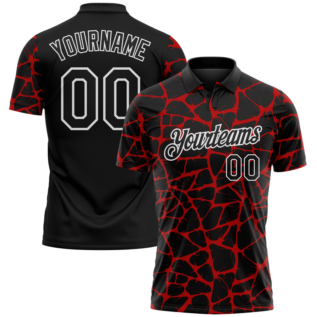 Custom Black Red-White 3D Pattern Abstract Network Crackle Performance Polo Shirt