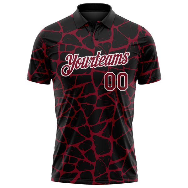 Custom Black Crimson-White 3D Pattern Abstract Network Crackle Performance Polo Shirt