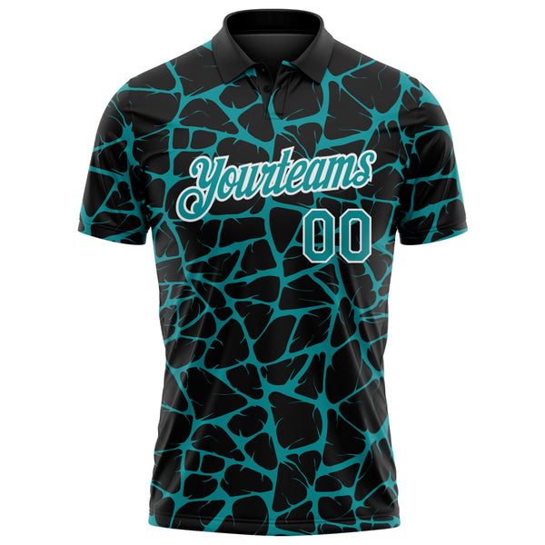 Custom Black Teal-White 3D Pattern Abstract Network Crackle Performance Polo Shirt