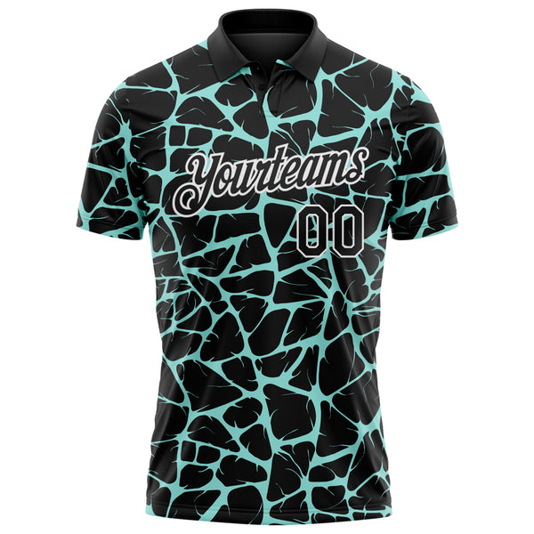 Custom Black Ice Blue-White 3D Pattern Abstract Network Crackle Performance Polo Shirt