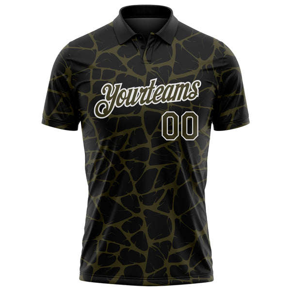 Custom Black Olive-White 3D Pattern Abstract Network Crackle Performance Polo Shirt