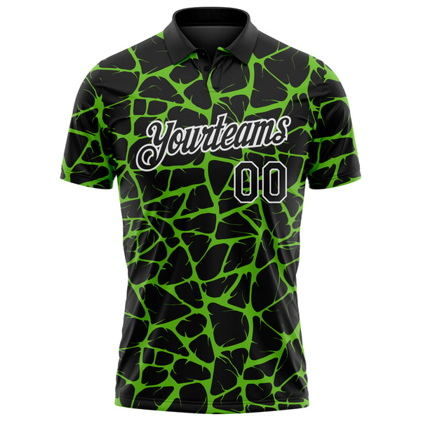 Custom Black Aurora Green-White 3D Pattern Abstract Network Crackle Performance Polo Shirt