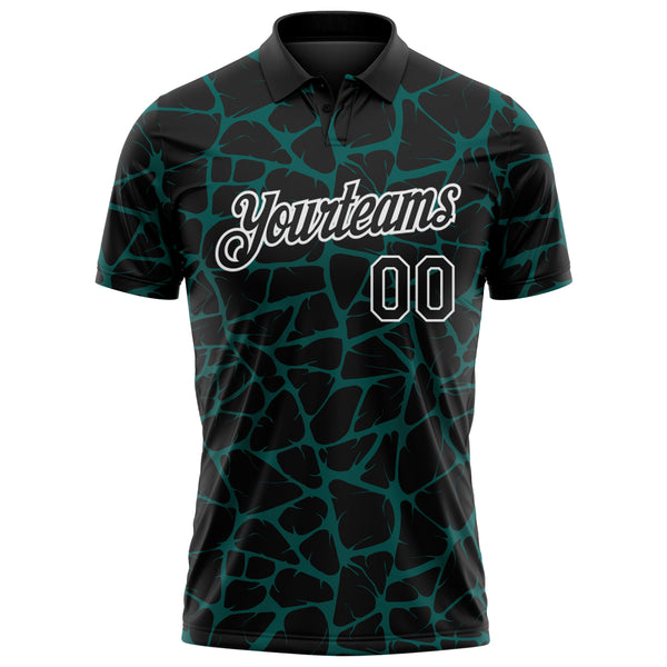 Custom Black Midnight Green-White 3D Pattern Abstract Network Crackle Performance Polo Shirt