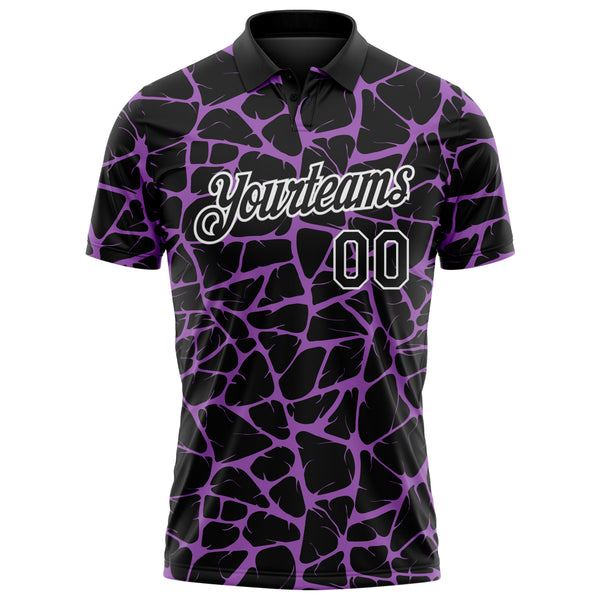 Custom Black Medium Purple-White 3D Pattern Abstract Network Crackle Performance Polo Shirt