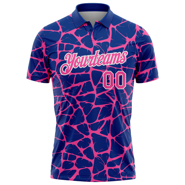 Custom Royal Pink-White 3D Pattern Abstract Network Crackle Performance Polo Shirt