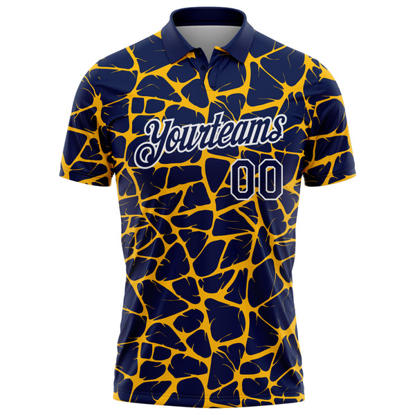 Custom Navy Gold-White 3D Pattern Abstract Network Crackle Performance Polo Shirt