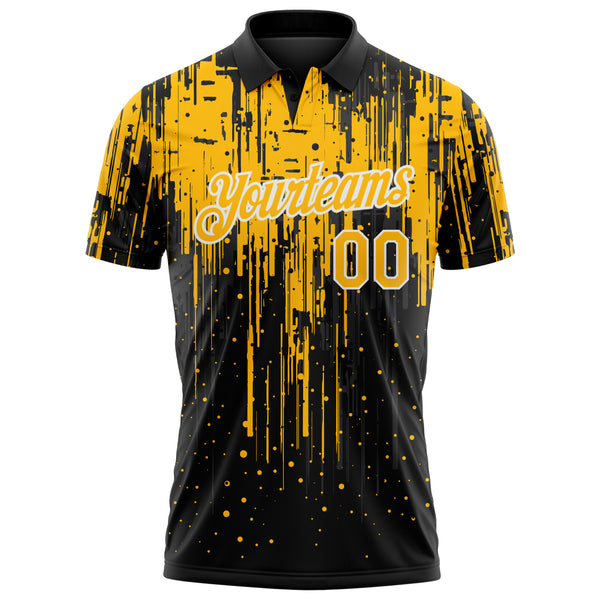 Custom Black Gold-White Dripping Splatter Paint Performance Polo Shirt