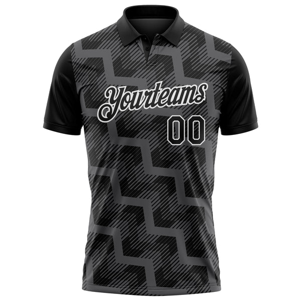 Custom Black Steel Gray-White Geometric Block Diagonal Line Hatching Performance Polo Shirt