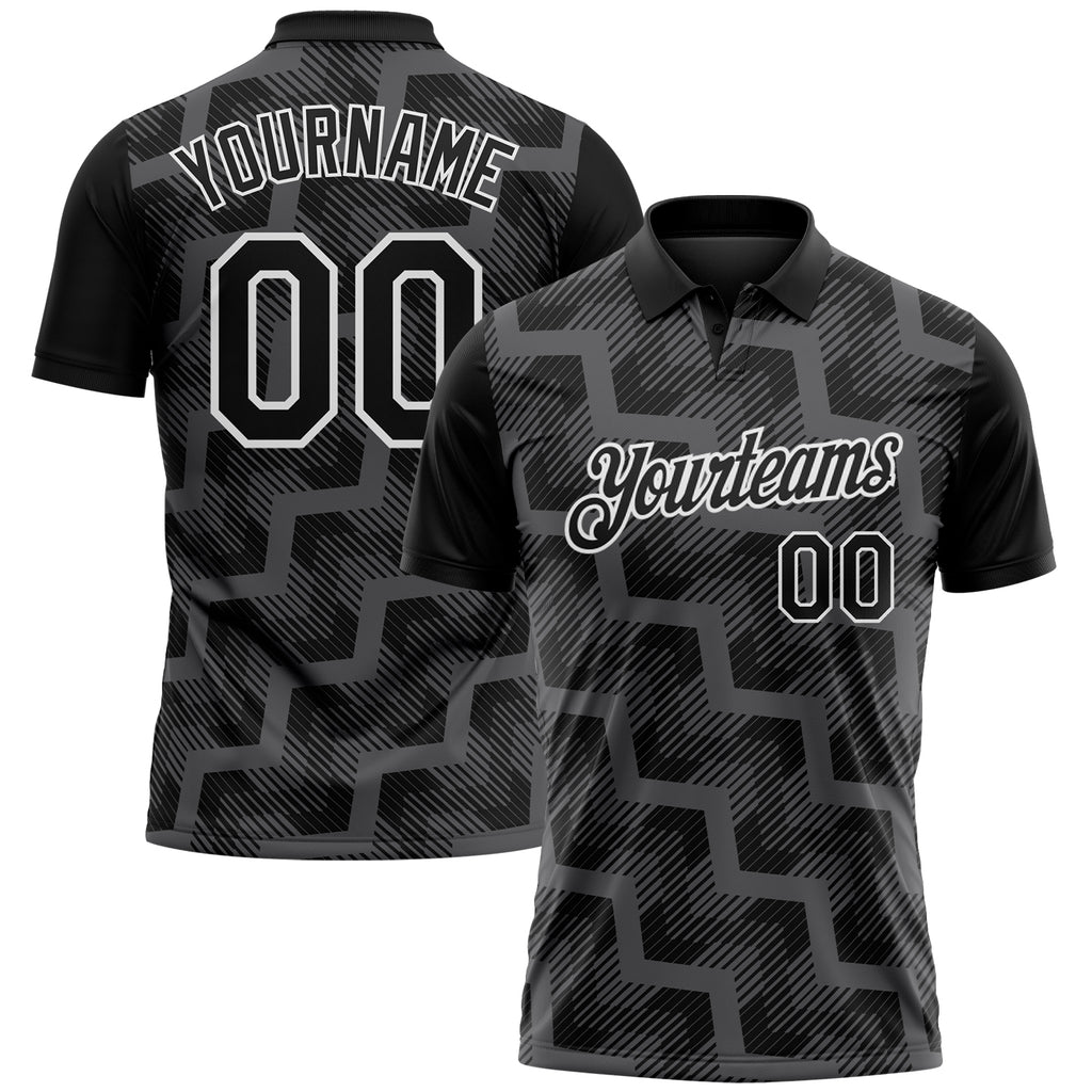 Custom Black Steel Gray-White Geometric Block Diagonal Line Hatching Performance Polo Shirt