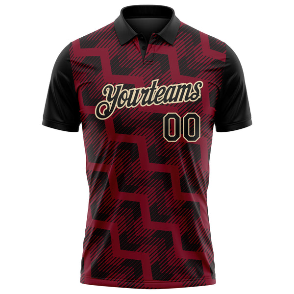 Custom Black Crimson-Cream Geometric Block Diagonal Line Hatching Performance Polo Shirt