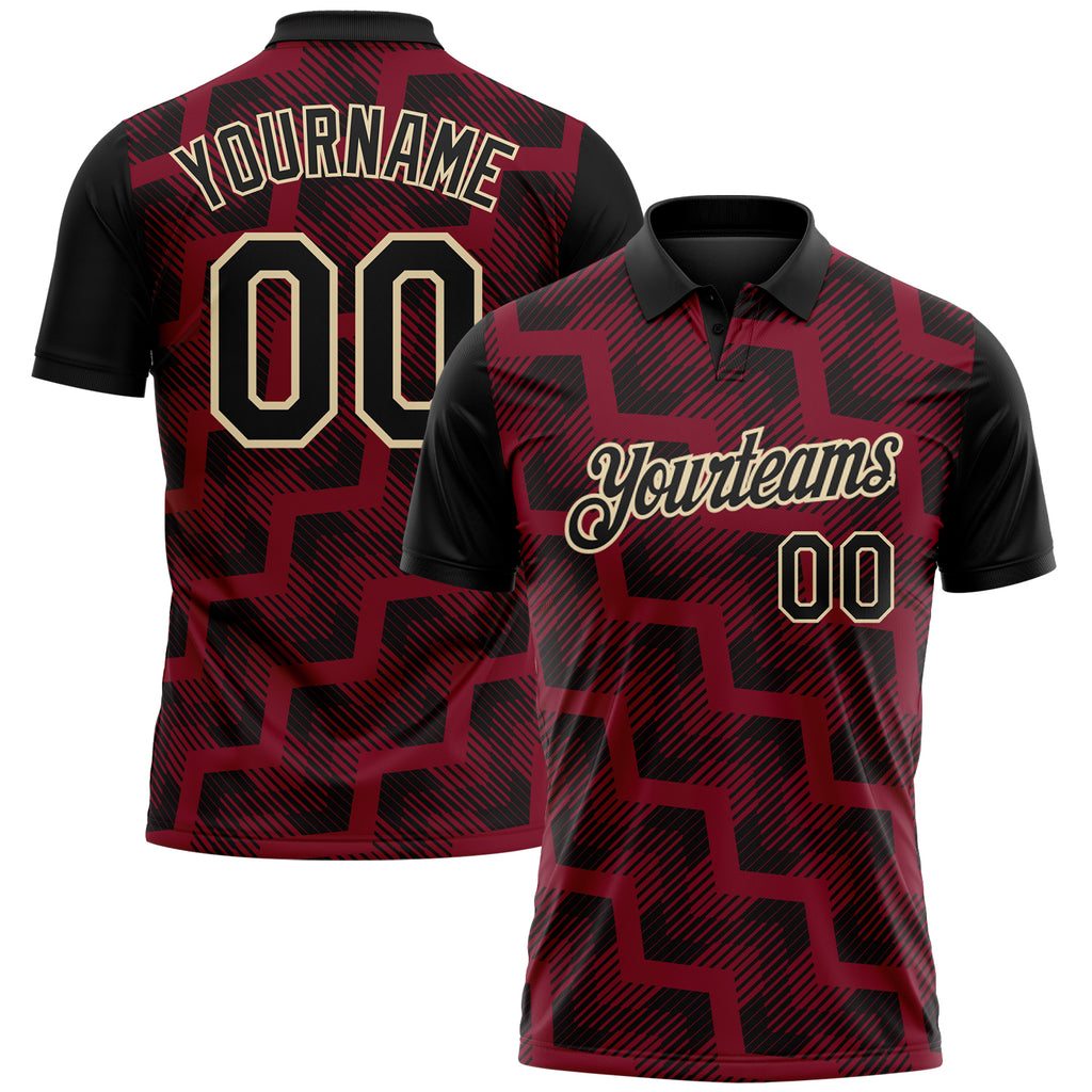 Custom Black Crimson-Cream Geometric Block Diagonal Line Hatching Performance Polo Shirt