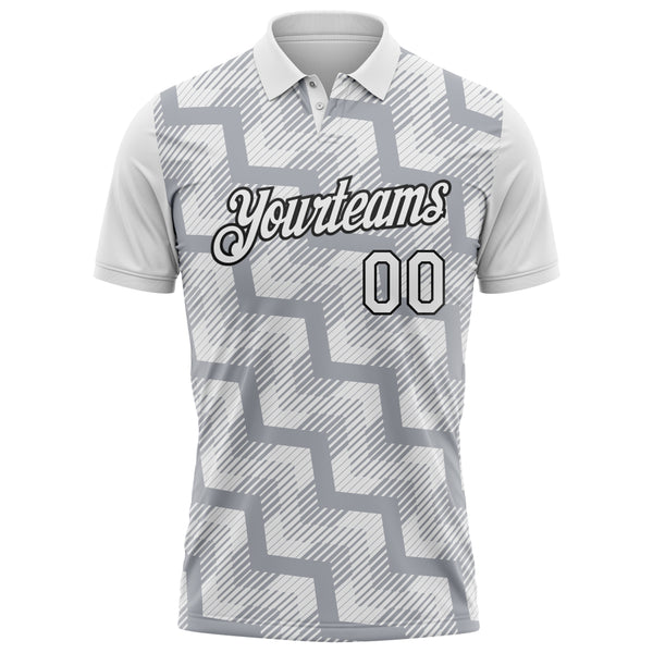 Custom White Gray-Black Geometric Block Diagonal Line Hatching Performance Polo Shirt
