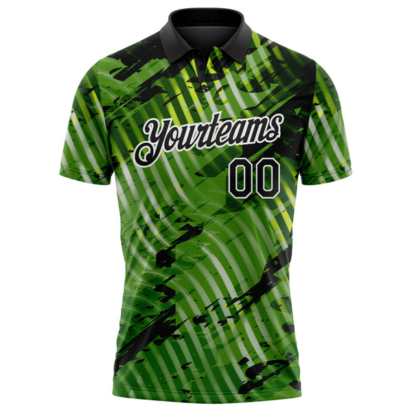 Custom Black Neon Green-White Abstract Grunge Splatter Diagonal Stripe Performance Polo Shirt