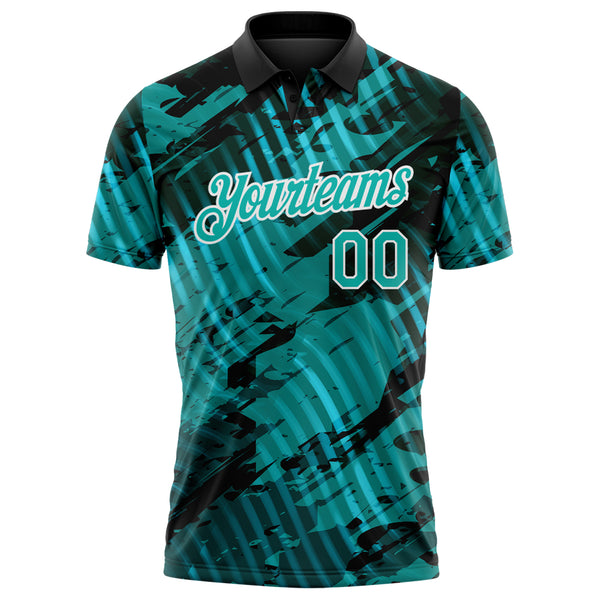 Custom Black Aqua-White Abstract Grunge Splatter Diagonal Stripe Performance Polo Shirt
