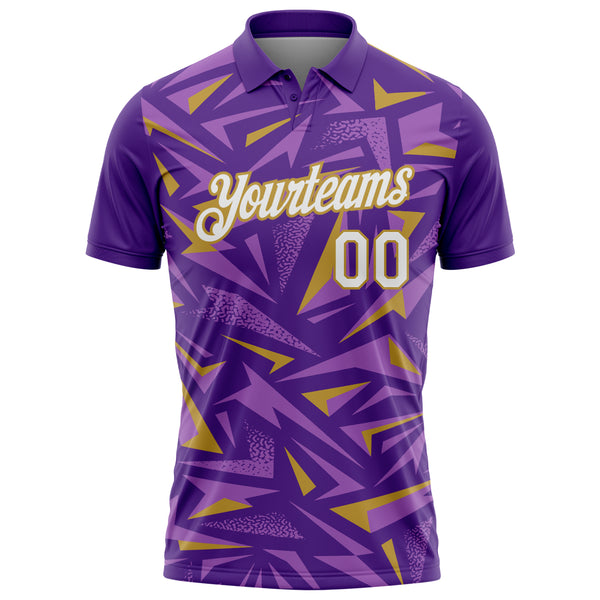 Custom Purple White Medium Purple-Old Gold Cyber Mecha E-sport Geometric Shards Spike Performance Polo Shirt