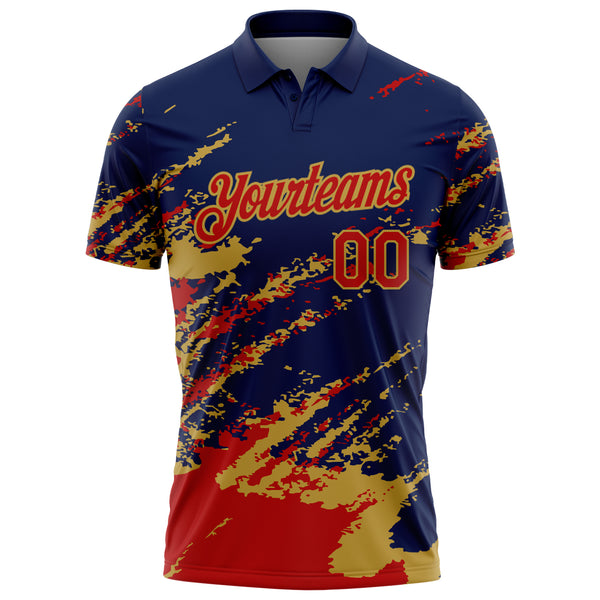 Custom Navy Red-Old Gold Brush Stroke Shatter Splatter Performance Polo Shirt