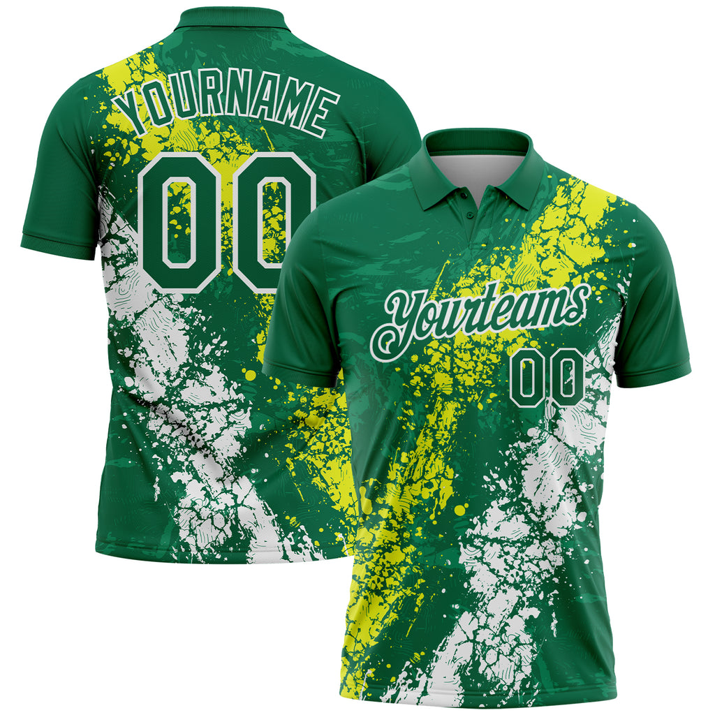 Custom Kelly Green Neon Yellow-White Dripping Splatter Cracked Texture Performance Polo Shirt