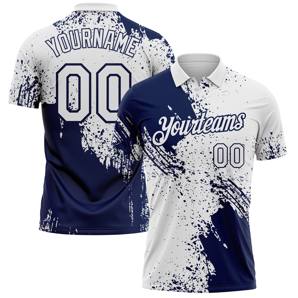Custom White-Navy Distressed Scratch Brush Stroke Performance Polo Shirt