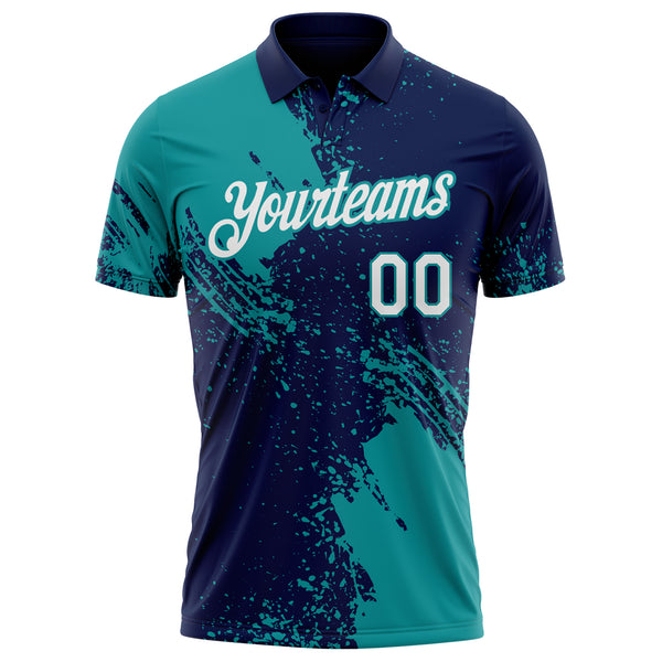 Custom Navy White-Teal Distressed Scratch Brush Stroke Performance Polo Shirt