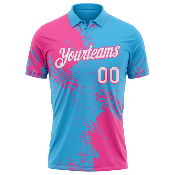 Custom Sky Blue White-Pink Distressed Scratch Brush Stroke Performance Polo Shirt