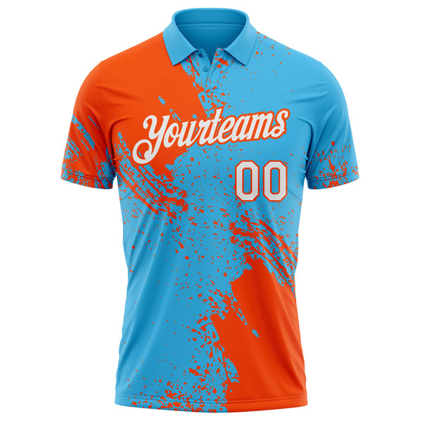 Custom Sky Blue White-Orange Distressed Scratch Brush Stroke Performance Polo Shirt