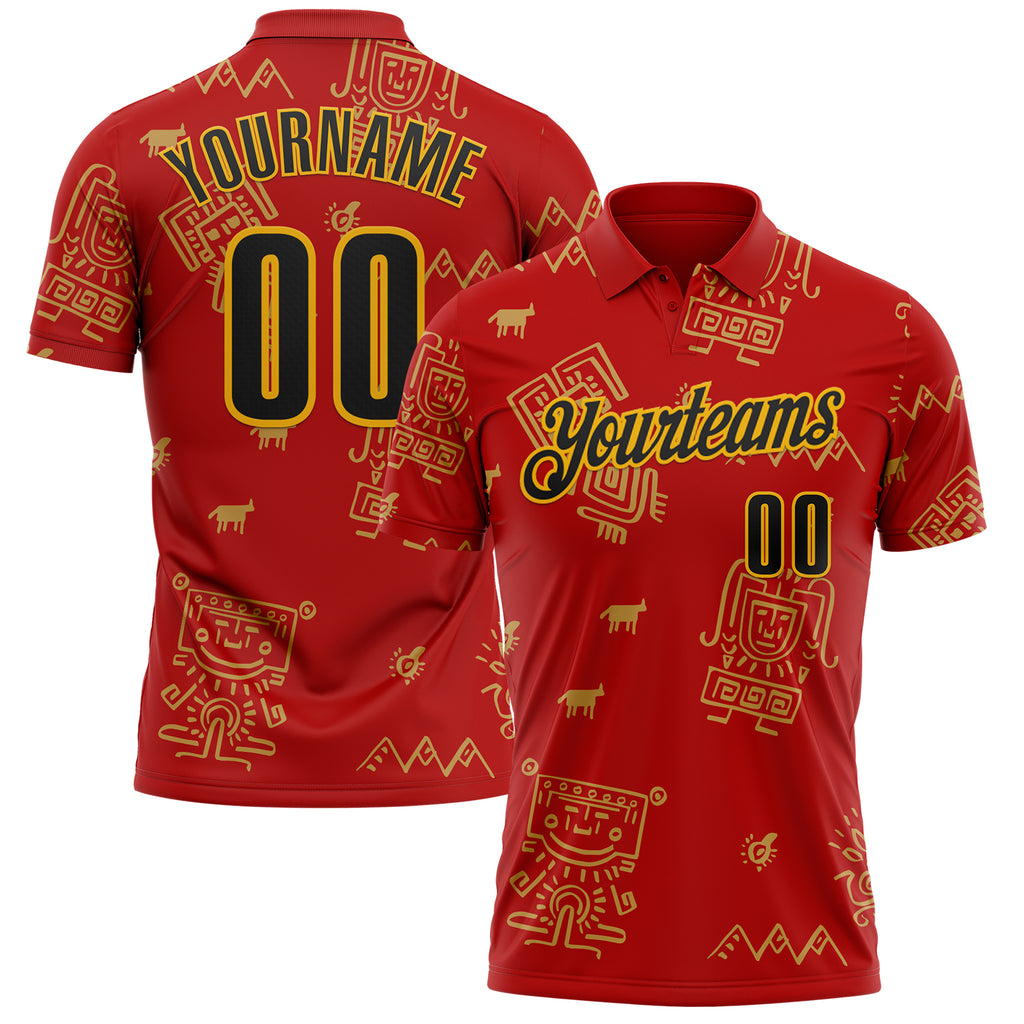 Custom Red Black-Gold Mexican Aztec Mayan Tribal Performance Polo Shirt