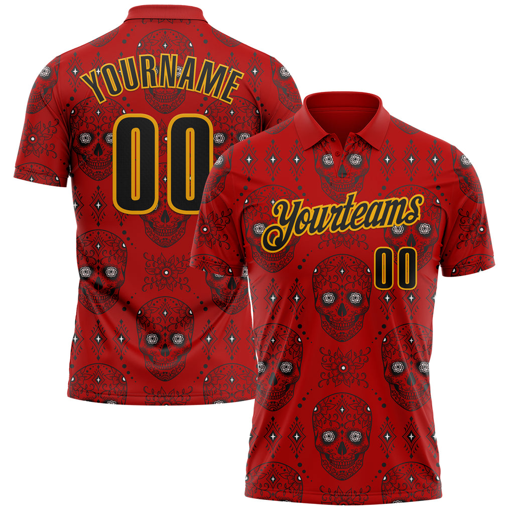 Custom Red Black-Gold Day of the Dead Mexican Sugar Skull Performance Polo Shirt