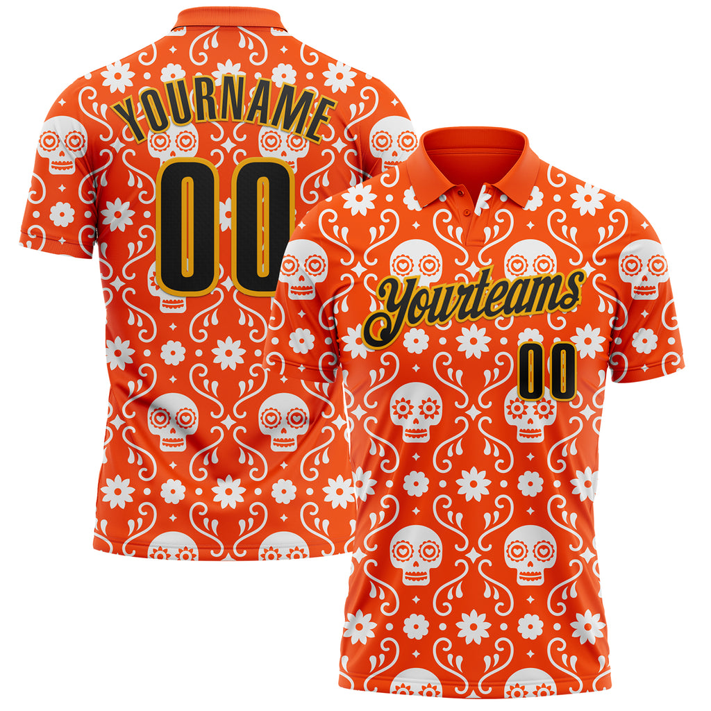 Custom Orange Black-Gold Day of the Dead Mexican Sugar Skull Performance Polo Shirt