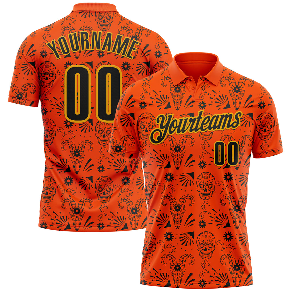 Custom Orange Black-Gold Day of the Dead Mexican Sugar Skull Performance Polo Shirt