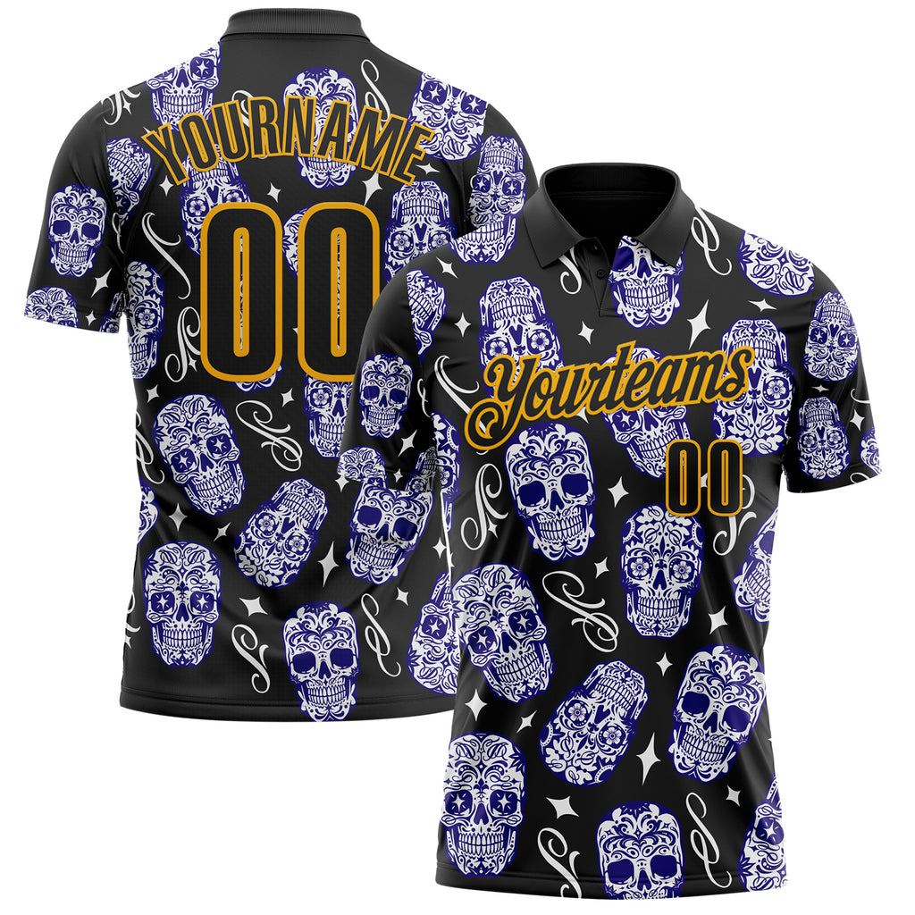 Custom Black-Gold Day of the Dead Mexican Sugar Skull Performance Polo Shirt