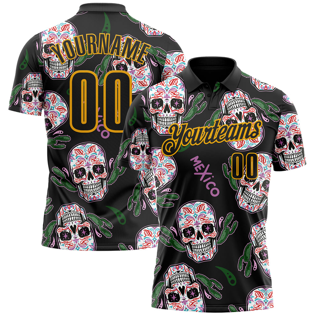Custom Black-Gold Day of the Dead Mexican Sugar Skull Performance Polo Shirt
