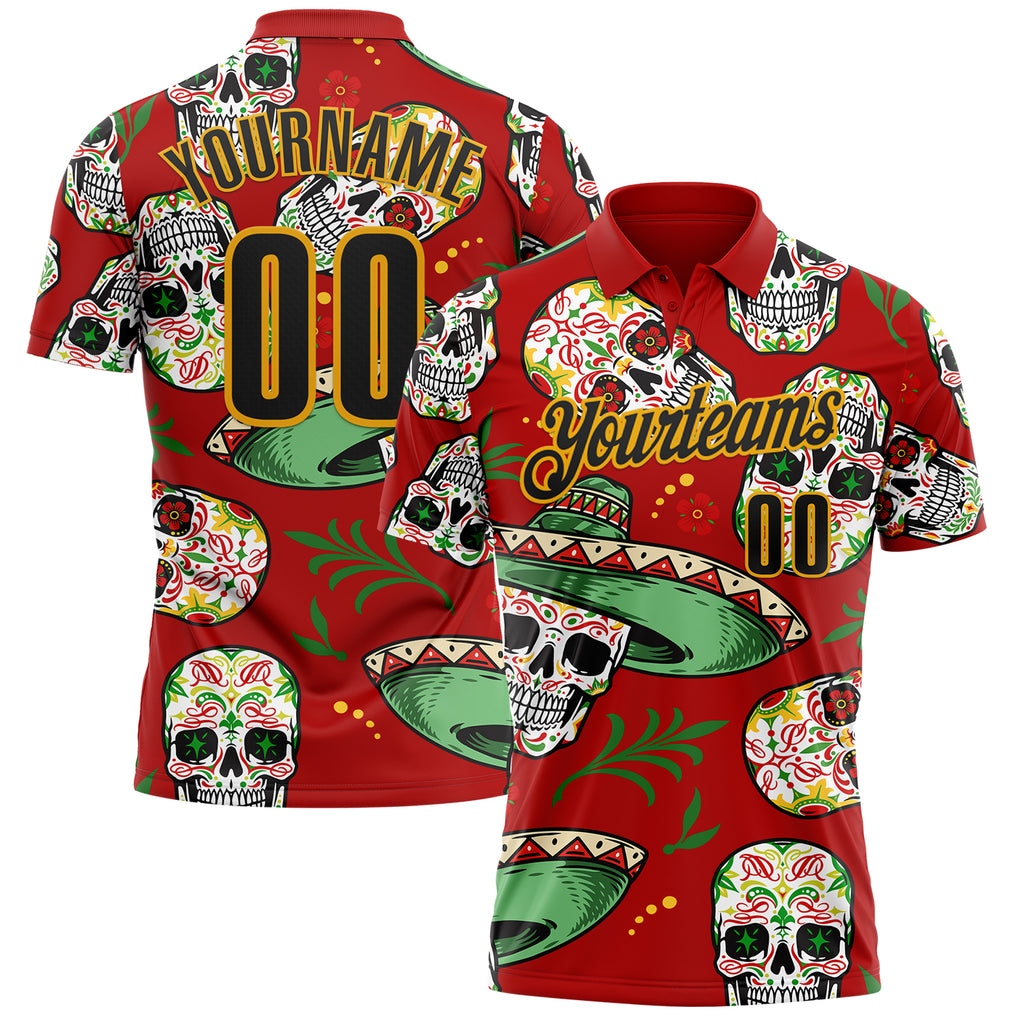 Custom Red Black-Gold Day of the Dead Mexican Sugar Skull Performance Polo Shirt