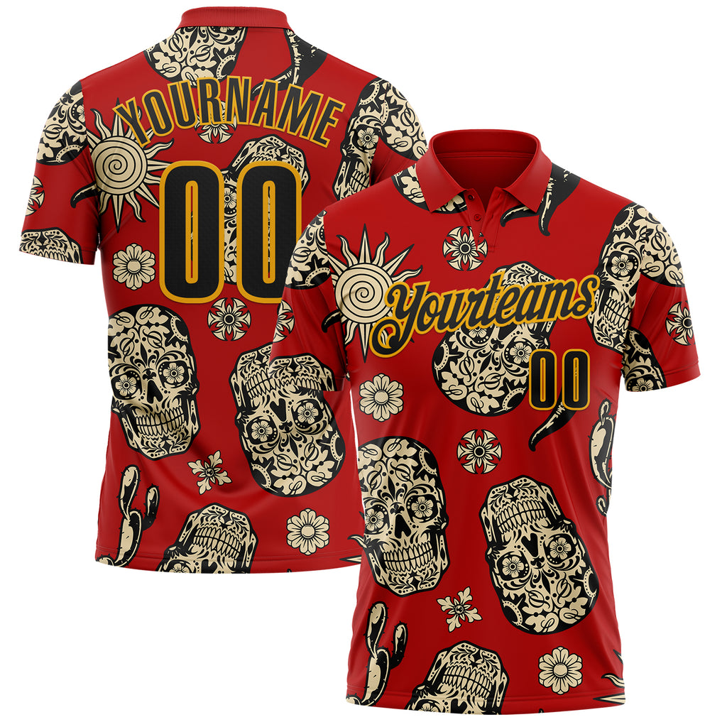 Custom Red Black-Gold Day of the Dead Mexican Sugar Skull Performance Polo Shirt