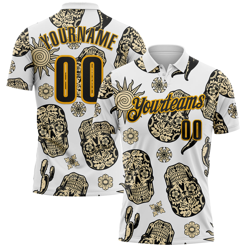 Custom White Black-Gold Day of the Dead Mexican Sugar Skull Performance Polo Shirt
