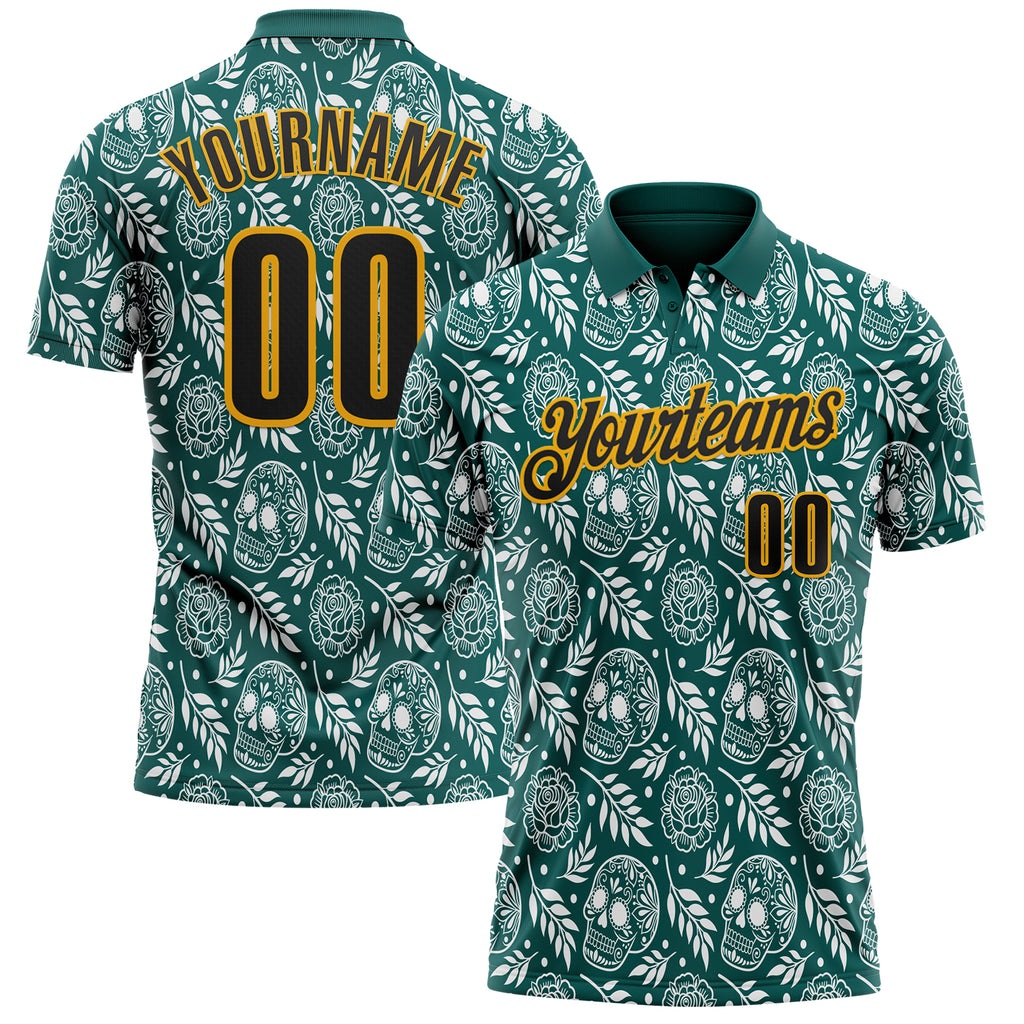 Custom Midnight Green Black-Gold Day of the Dead Mexican Sugar Skull Performance Polo Shirt