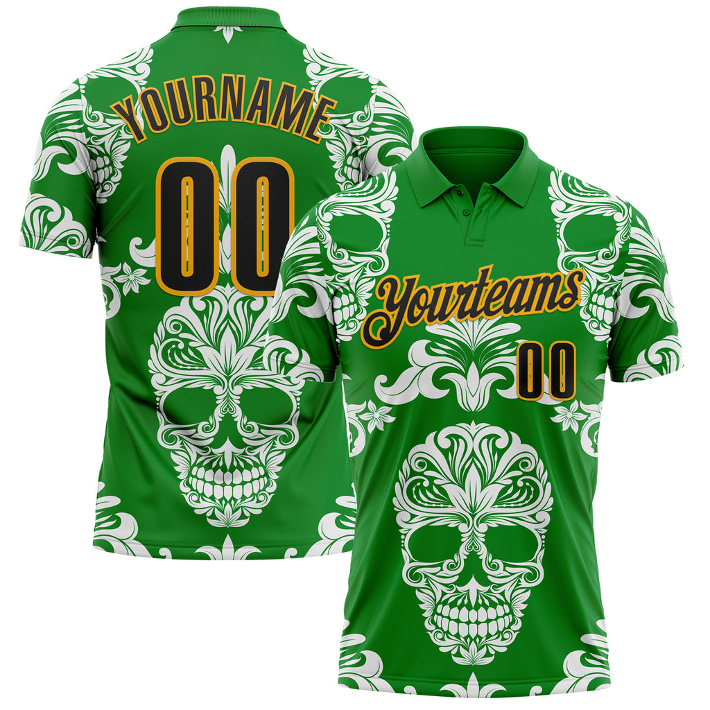Custom Grass Green Black-Gold Day of the Dead Mexican Sugar Skull Performance Polo Shirt