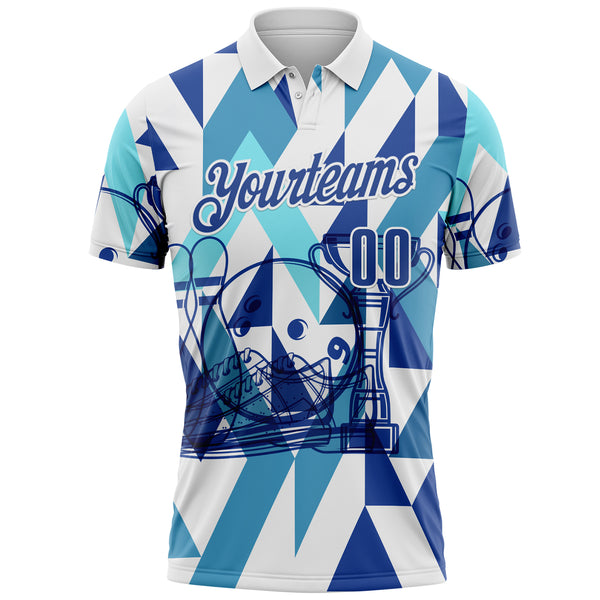 Custom White-Blue Bowling Geometric Performance Polo Shirt