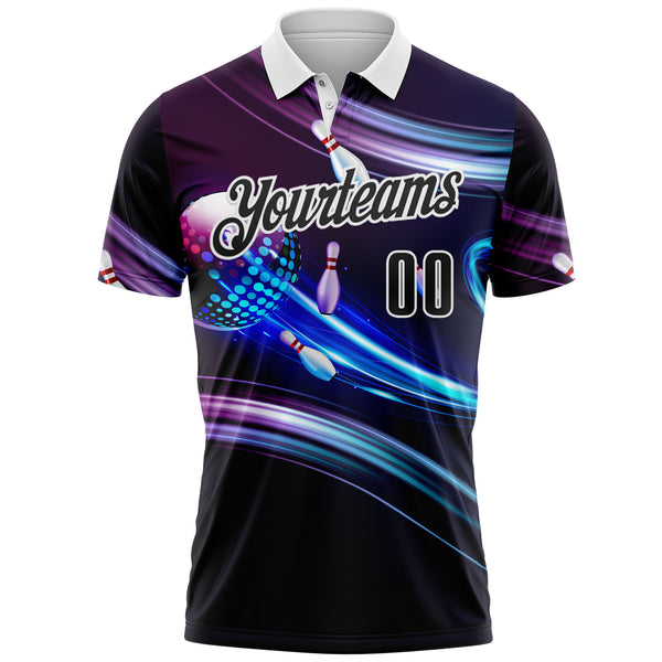 Custom Purple Black Blue-White Bowling Disco Neon Performance Polo Shirt