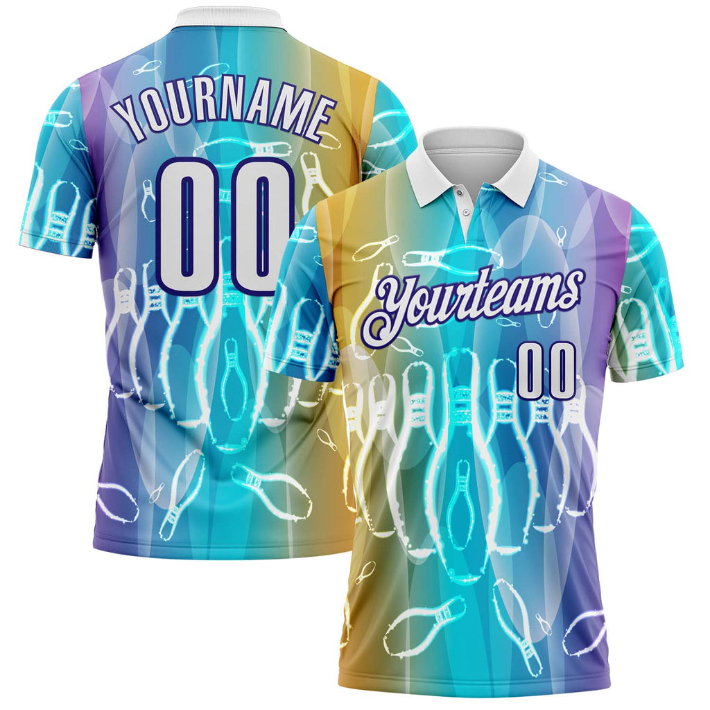 Custom Ice Blue White Yellow-Dark Purple Bowling Pins Gradient Performance Polo Shirt