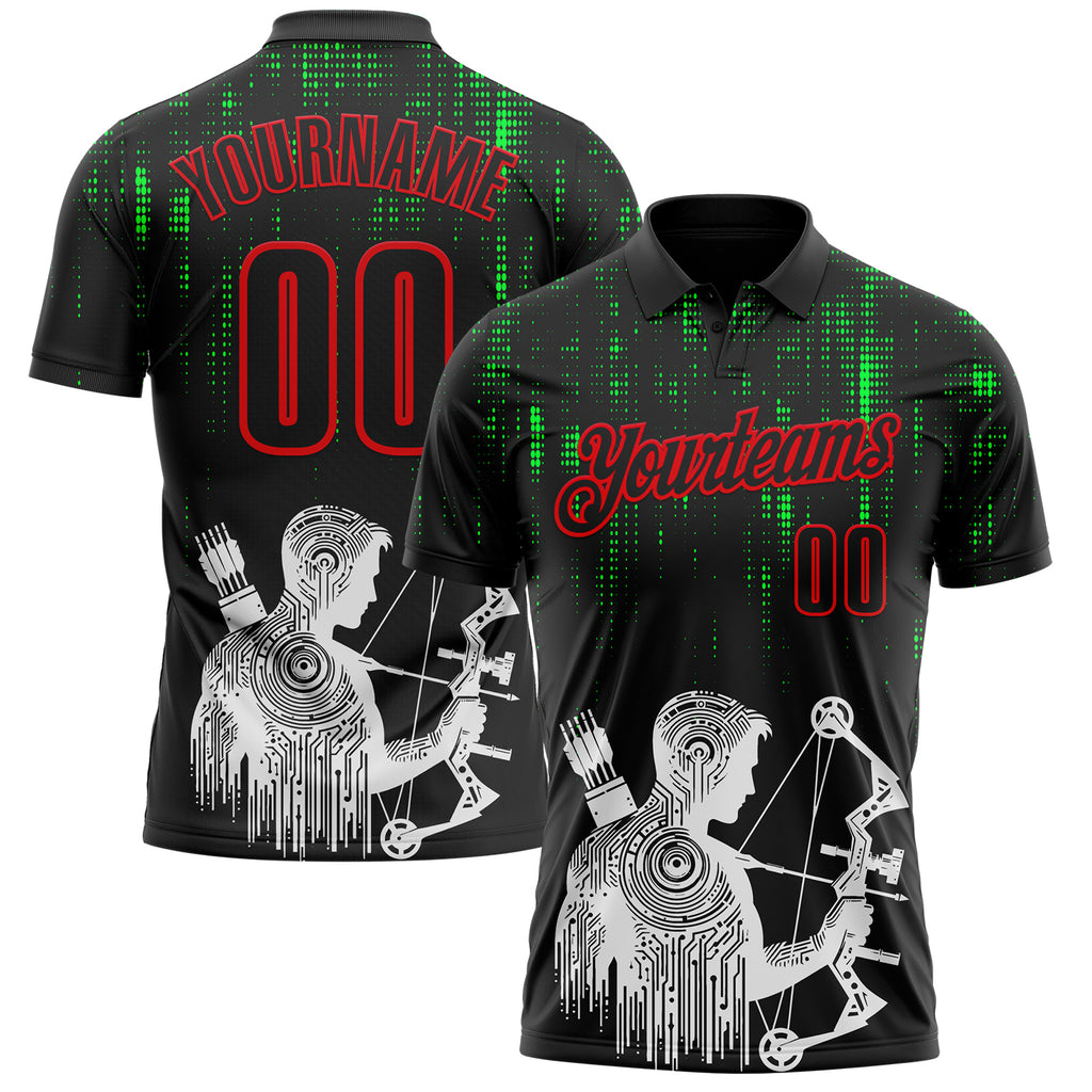 Custom Black-Fire Red Bow And Arrow Archery Shooter Performance Polo Shirt
