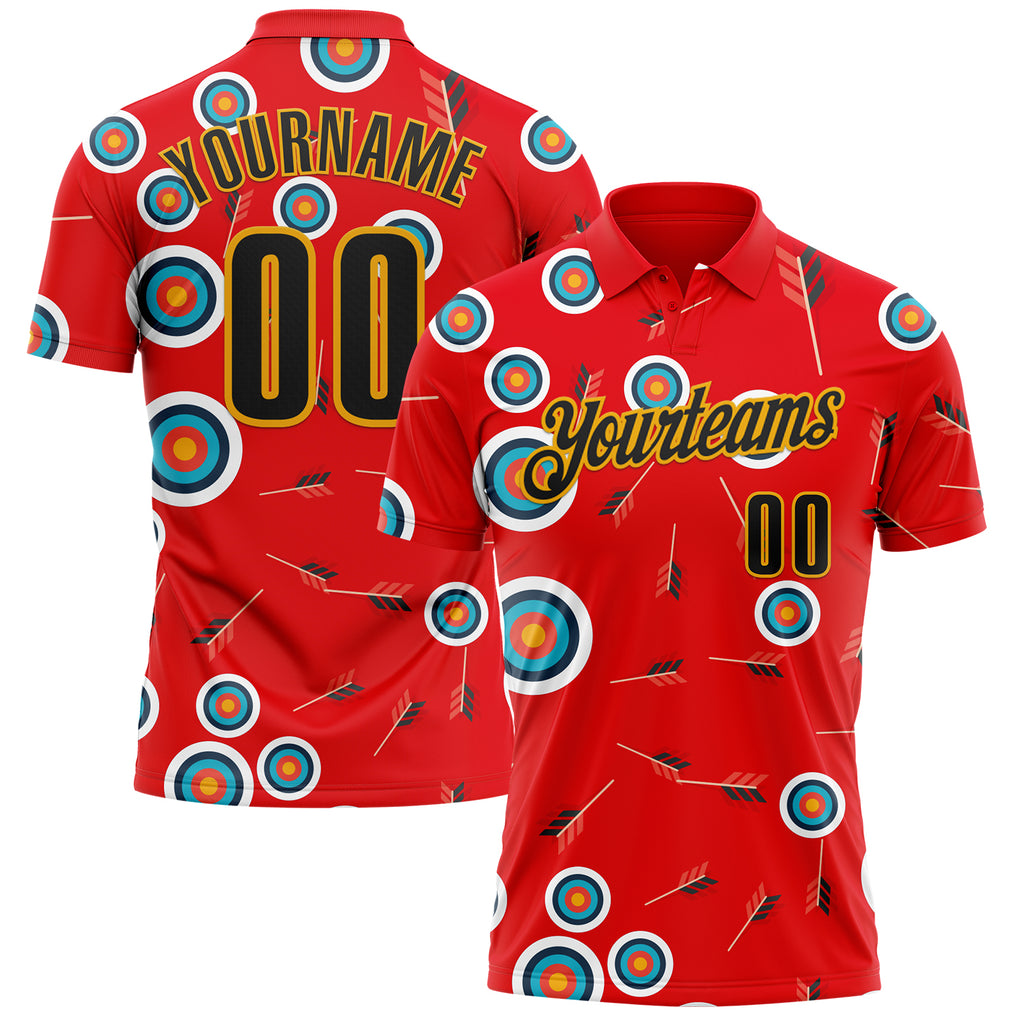Custom Fire Red Black-Gold Archery Target Performance Polo Shirt