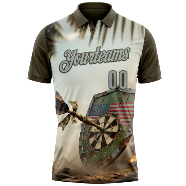Custom Cream Gray-Olive Darts American Flag Dartboard Performance Polo Shirt